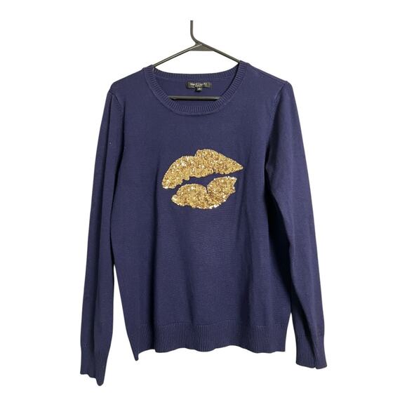 Romeo & Juliet Couture Blue Gold Kiss Sweater Lips Love Sequin Small S - Picture 1 of 6